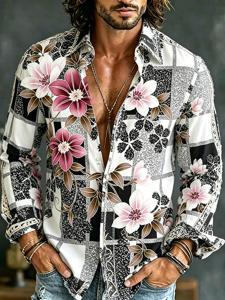 Cardydony Retro Floral Plaid Patchwork Print Long-sleeved Shirt