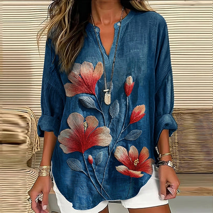 Cardydony Women's Vintage Hibiscus Floral Print Casual Linen Shirt