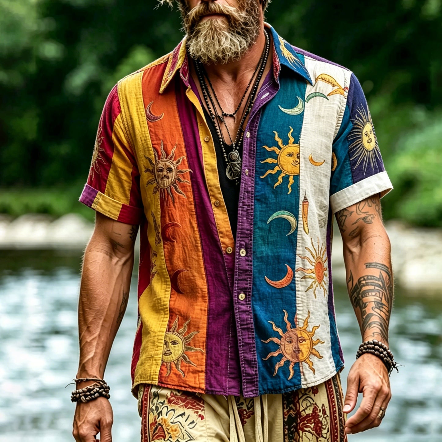 Cardydony Men's Hippie Mysterious Sun And Moon Colorblock Print Shirt