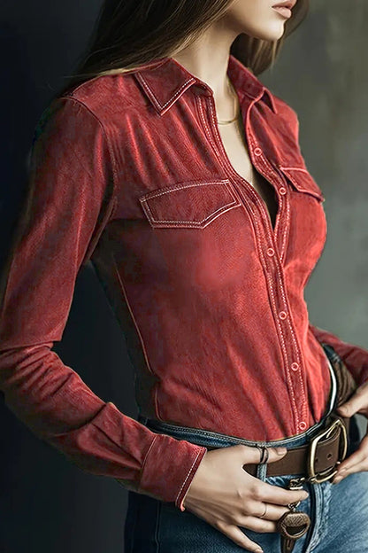 Cardydony Women's Stylish Suede Long-sleeved Button-down Casual Shirt