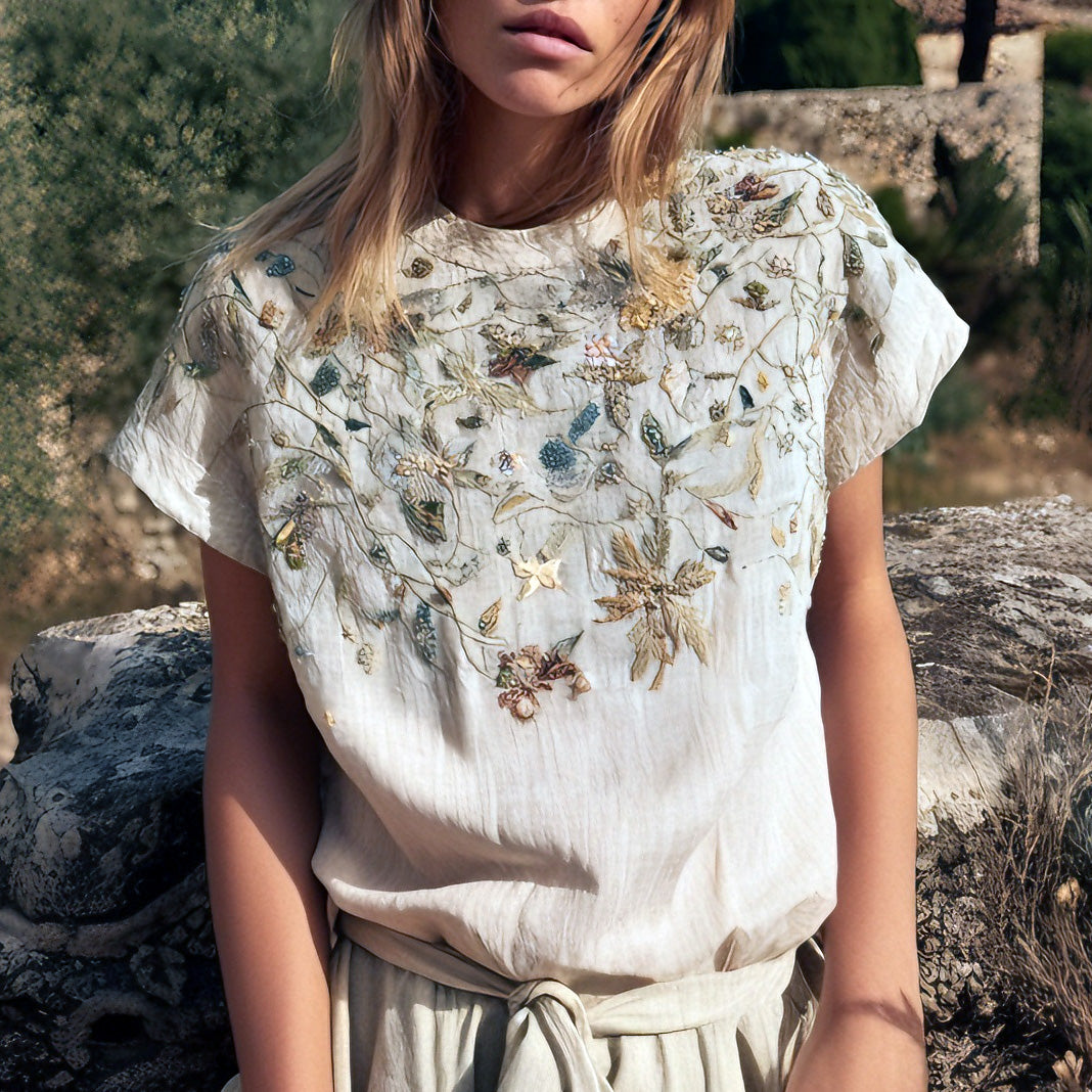 Cardydony Women's Retro Bohemian Style Floral Embroidered T-shirt