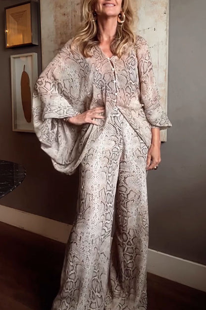 Cardydony Women's Iselle Animal Print Button Up Batwing Sleeve Shirt and Elastic Waist Wide Leg Pants Set