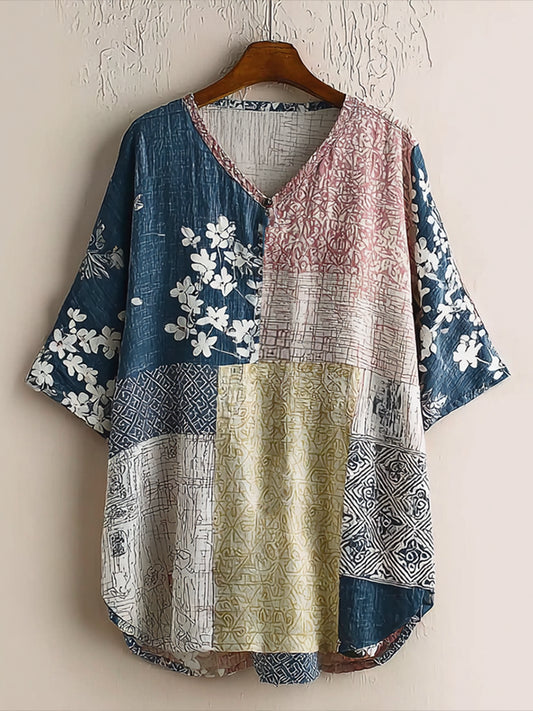 Cardydony Japanese Art Retro Geometric Patchwork Plant Flower Print Women's V-neck Cotton And Linen Top