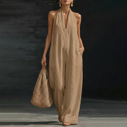 Cardydony Women's Solid Color Sleeveless Linen Blend Jumpsuit