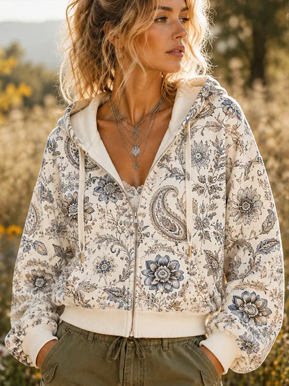 Cardydony Women's Vintage-style Full-zip Hoodie With Floral And Paisley Print