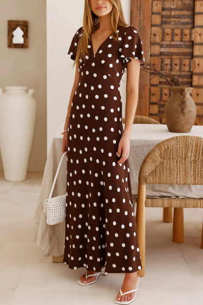 Cardydony Women's Polka Dot Print V-neck Short-sleeved Casual Holiday Maxi Dress