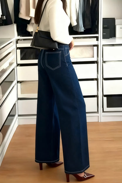Cardydony Women's  Stylish High-waisted Pocket Casual Straight-leg Wide-leg Jeans