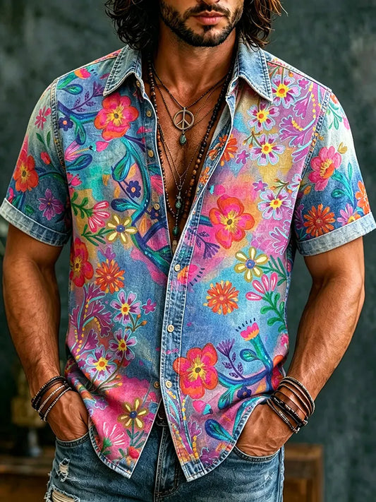 Comstylish Men's Retro Hippie Floral Graffiti Art Pattern Casual Washed Shirt