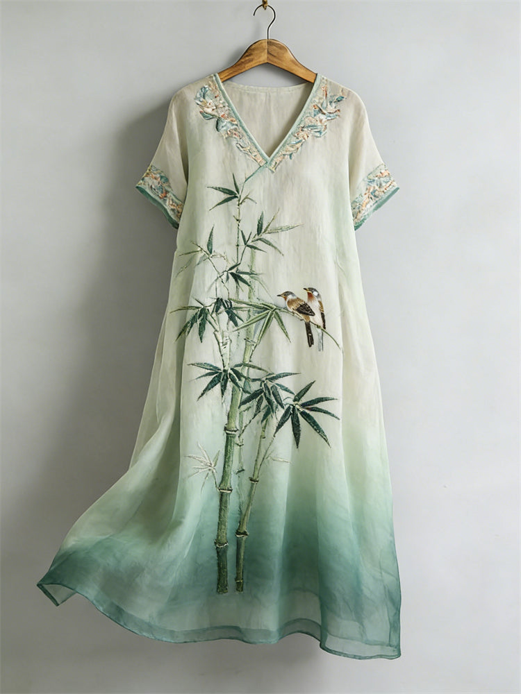 Cardydony Japanese Birds & Bamboo Floral Flowy Linen Maxi Dress