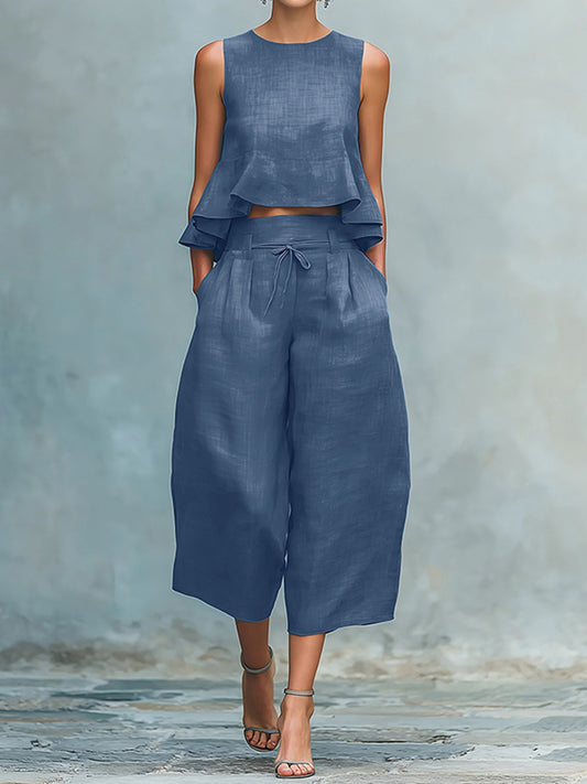 Cardydony Women's Ruffled Linen-blend Two-piece Set