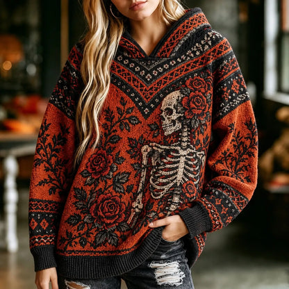 Cardydony Halloween Skull And Rose Knit Jacquard Comfortable Warm Women's Sweater