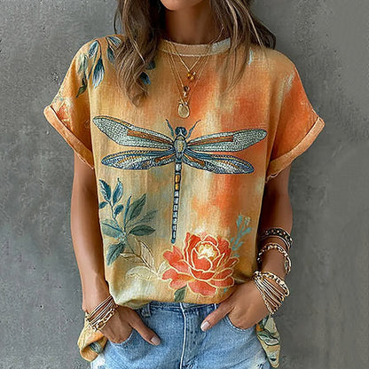 Cardydony Retro Dragonfly And Floral Pattern Linen Blend Short Sleeve Tops