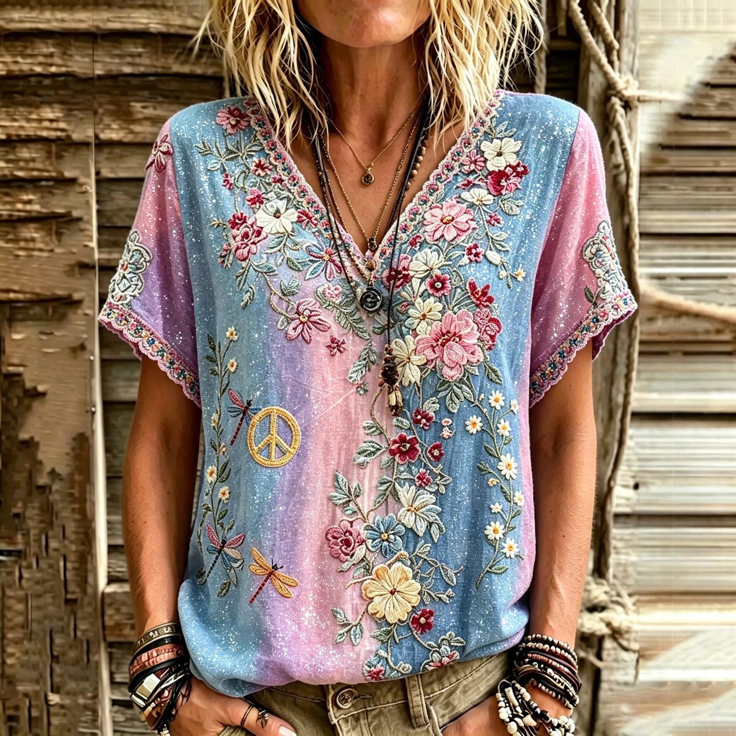 Cardydony Women's Retro Floral Dragonfly Hippie Rainbow Cotton Linen T-shirt