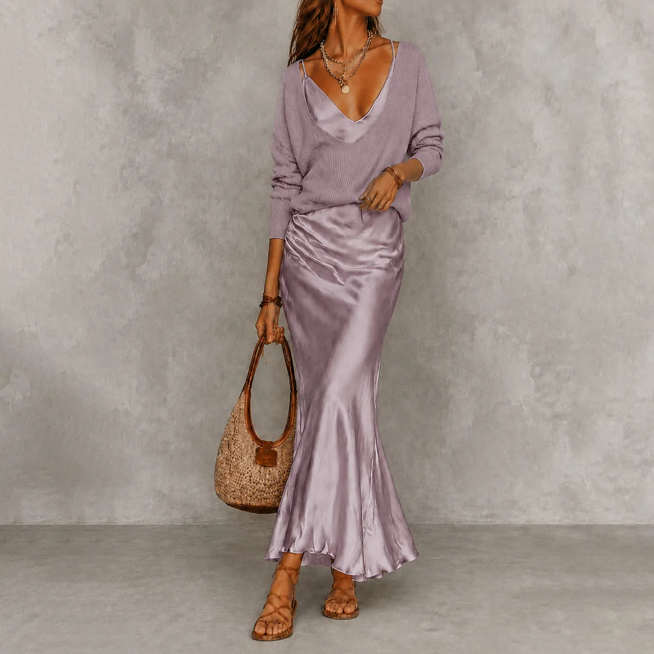 Cardydony Elegance Long-sleeved Knit Top + Satin Slip Dress Two-piece Set