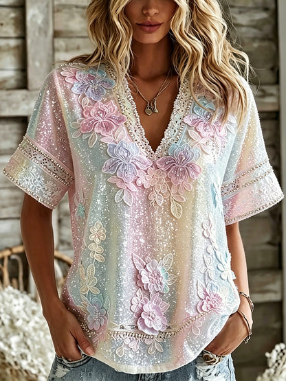 Cardydony Women's Summer Floral In Macarons Colorful Art Linen Blend Short Sleeve V Neck Tops