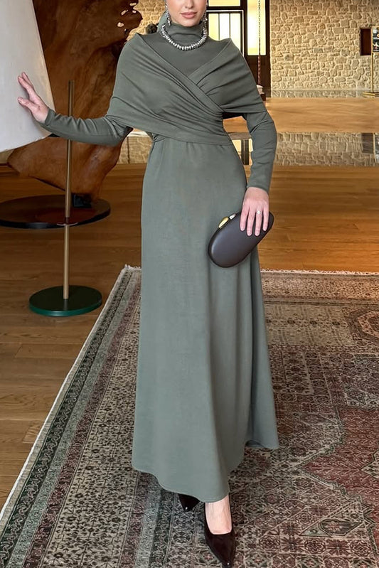 Cardydony Women's Solid Color High-neck Long-sleeved Crossover Waist Slim-fit Maxi Dress