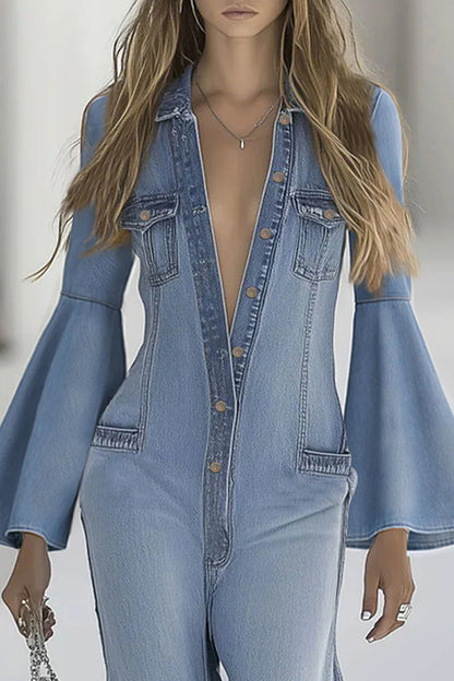 Cardydony Women's Stylish Bell Sleeves Single-breasted Casual Denim Jumpsuit