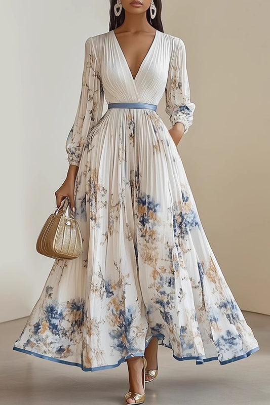 Cardydony Women's Unique Printed V-Neck Long Sleeve Bow Tie Waist Holiday Maxi Dress