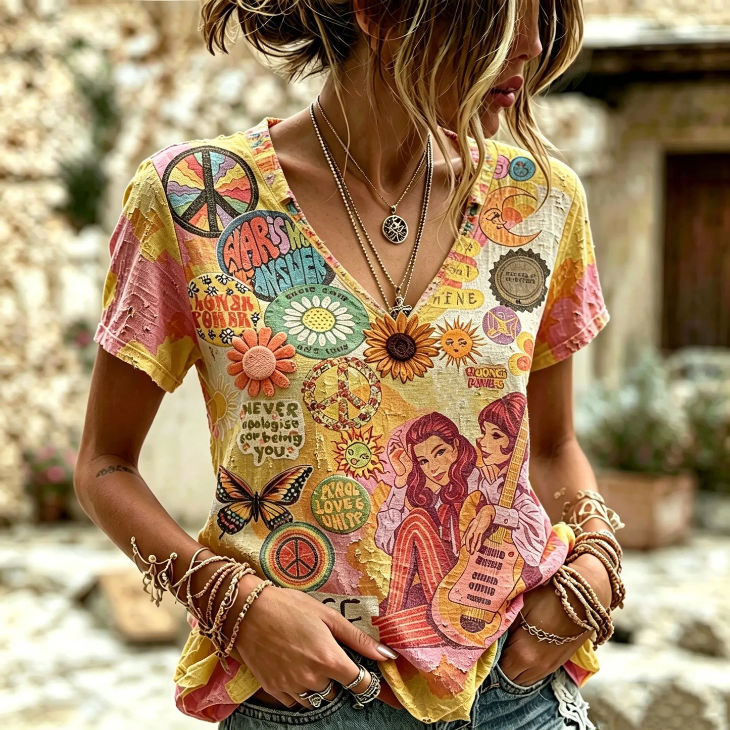 Cardydony Women's Vintage Distressed Hippie Style Printed V-neck Top