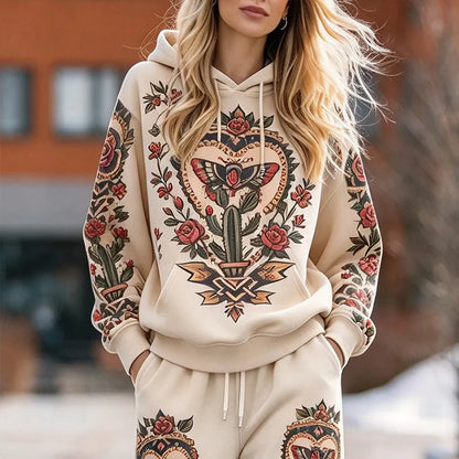 Cardydony Women's Vintage Butterfly And Floral Print Hoodie And Pants Set