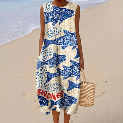 Cardydony Women's Vintage Fish Sardines Art Print Cotton Casual Sleeveless Dress
