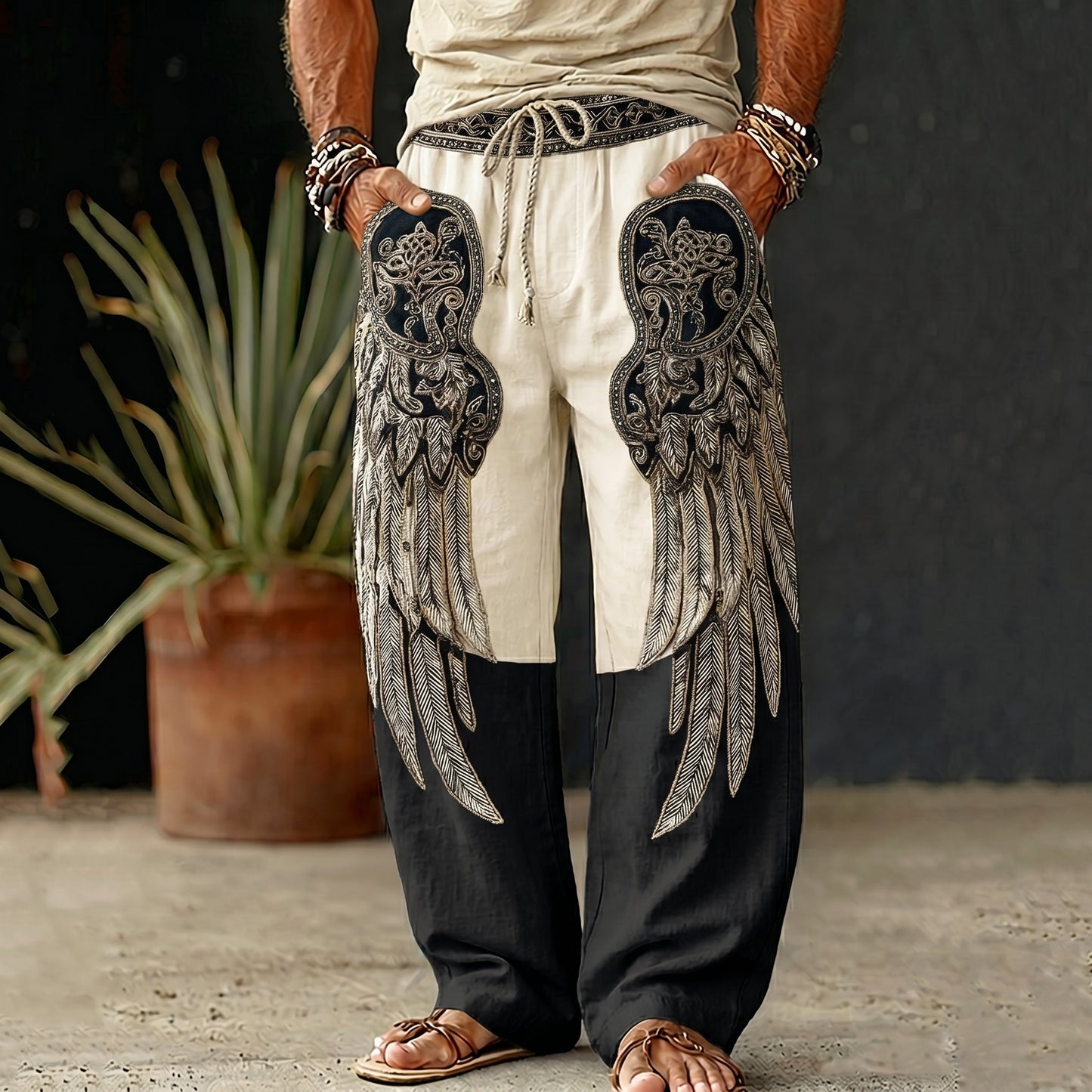 Cardydony Men's Spring Summer Viking Tribal Jacquard Wings And Floral Inspired Art Flowy Linen Blend Pants