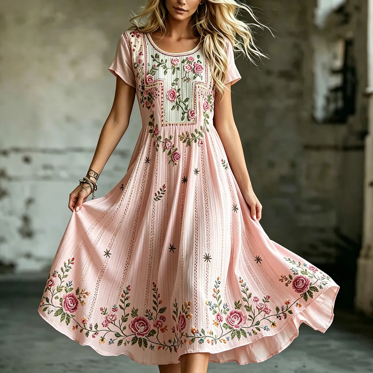 Cardydony Women's Vintage Bohemian Rose Pattern Round Neck Dress