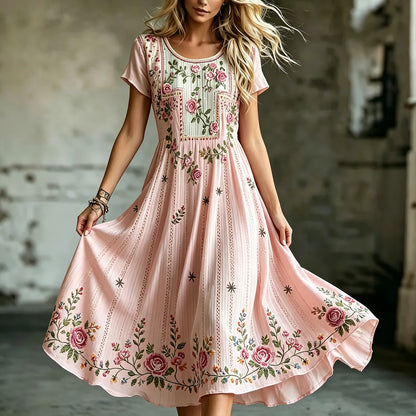 Cardydony Women's Vintage Bohemian Rose Pattern Round Neck Dress