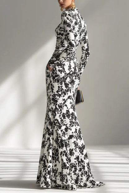 Cardydony Women's Black and White Color-blocked Printed Long-sleeved Pocket Slim-fit Pleated Maxi Dress