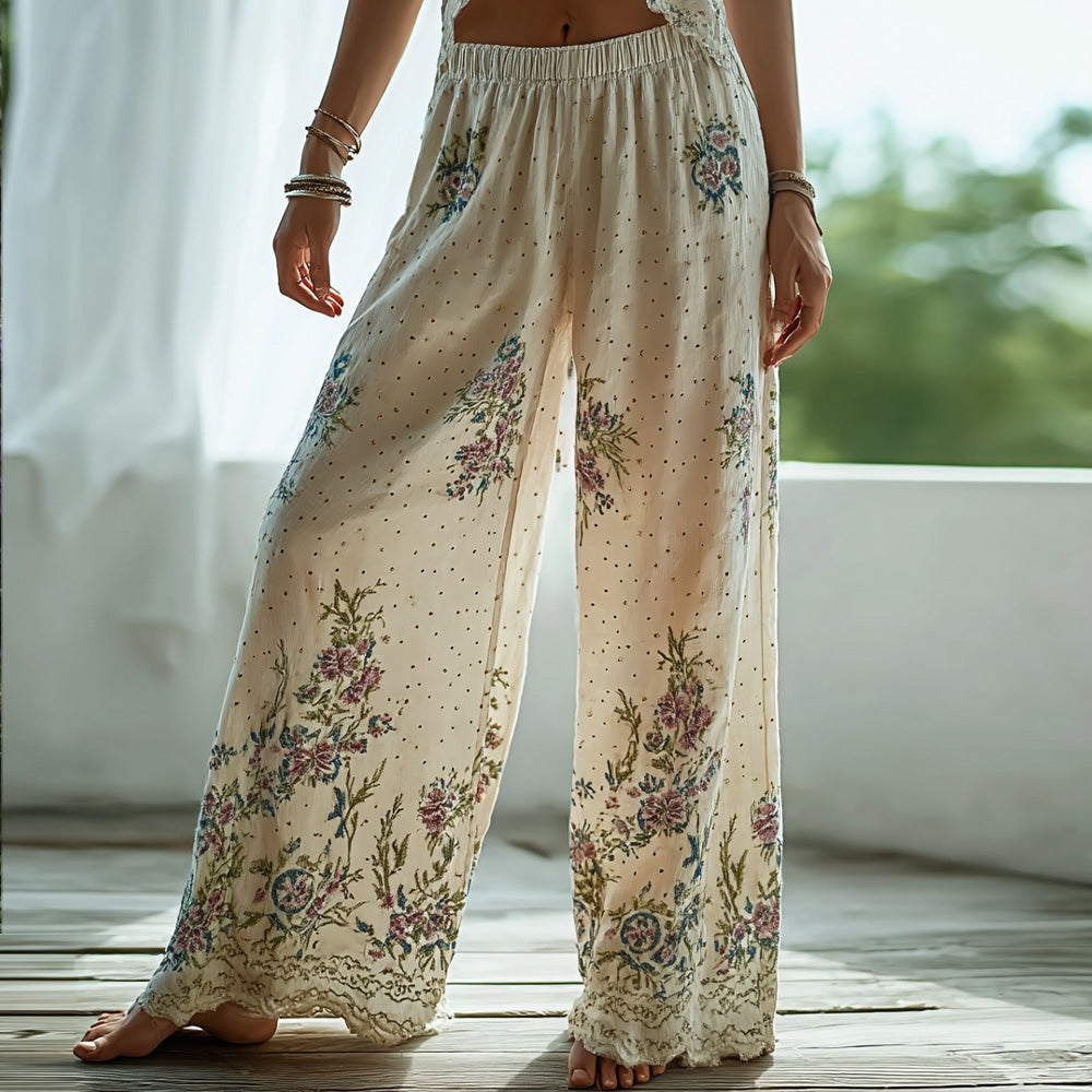 Cardydony Women's Floral Print Embroidered Wide Leg Pants