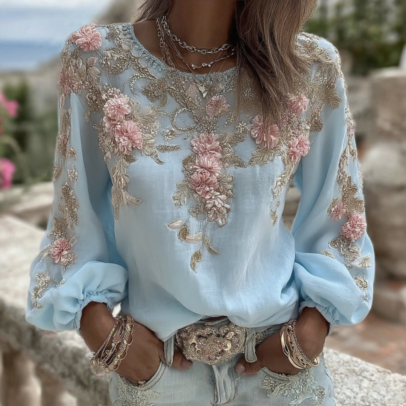 Cardydony Women's Vintage Pink Rose Embroidery Art Round Neck Long Sleeve Linen Blend T-shirt