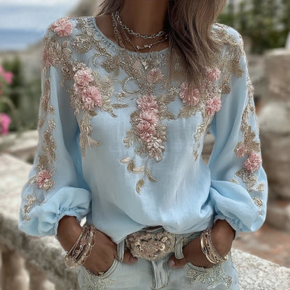 Cardydony Women's Vintage Pink Rose Embroidery Art Round Neck Long Sleeve Linen Blend T-shirt