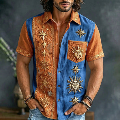 Cardydony Men's Retro Sun And Star Printed Short Sleeve Shirt