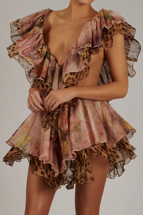Cardydony Women's Dreamy Island Floral Leopard Print Cutout Waist Tiered Ruffles Mini Dress