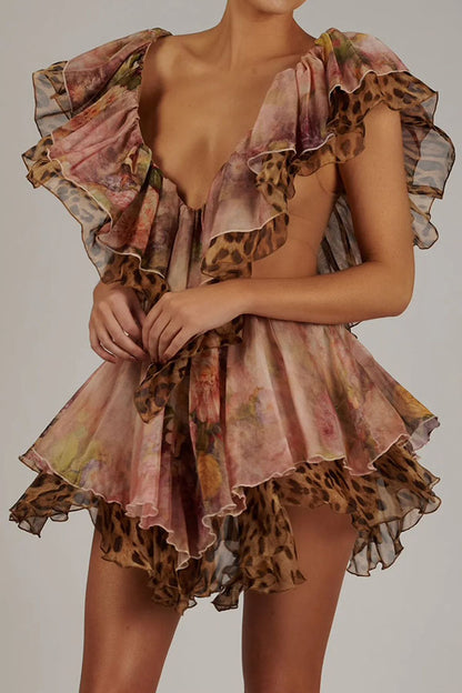Cardydony Women's Dreamy Island Floral Leopard Print Cutout Waist Tiered Ruffles Mini Dress