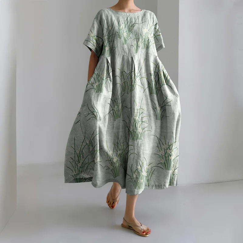 Cardydony Women's Japanese Flower Art Short Sleeve Midi Dress