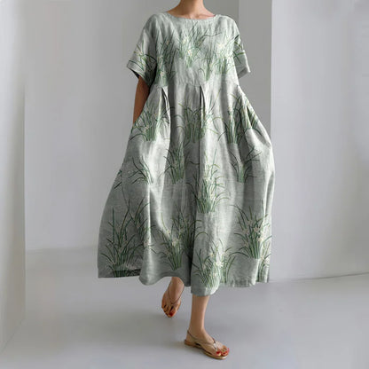 Cardydony Women's Japanese Flower Art Short Sleeve Midi Dress