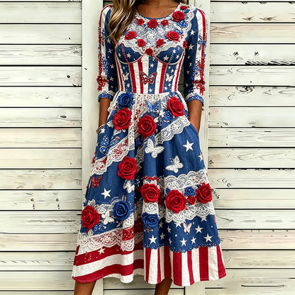 Cardydony Women's Vintage Independence Day Rose Pattern Casual Crew-neck Dress