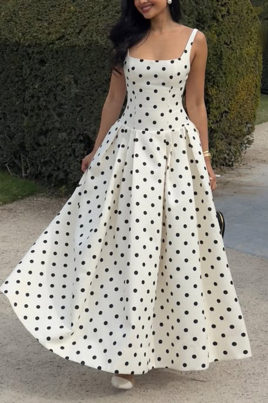 Cardydony Women's Polka Dot Print Square Neck Sleeveless Holiday Maxi Dress