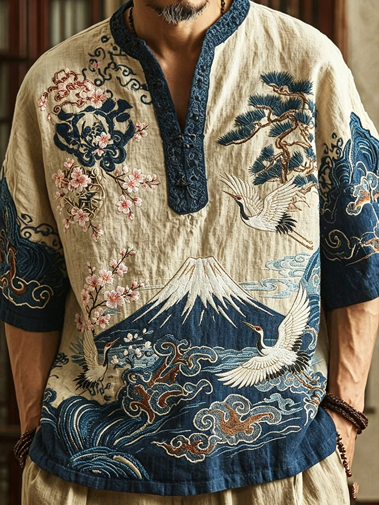 Cardydony Men's Retro Japanese Crane Floral Wave Design Short-sleeve Top