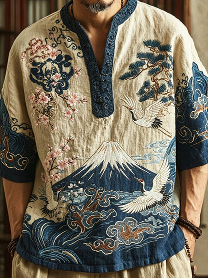 Cardydony Men's Retro Japanese Crane Floral Wave Design Short-sleeve Top