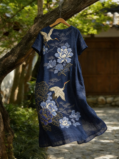 Cardydony Classy Cranes & Flowers Japanese Art Flowy Linen Maxi Dress
