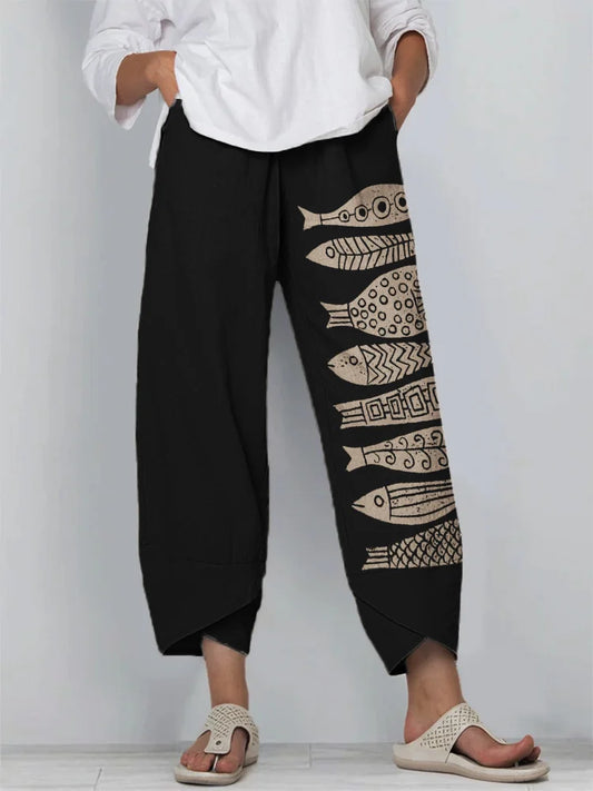 Cardydony Fish Japanese Lino Art Linen Blend Cropped Pants