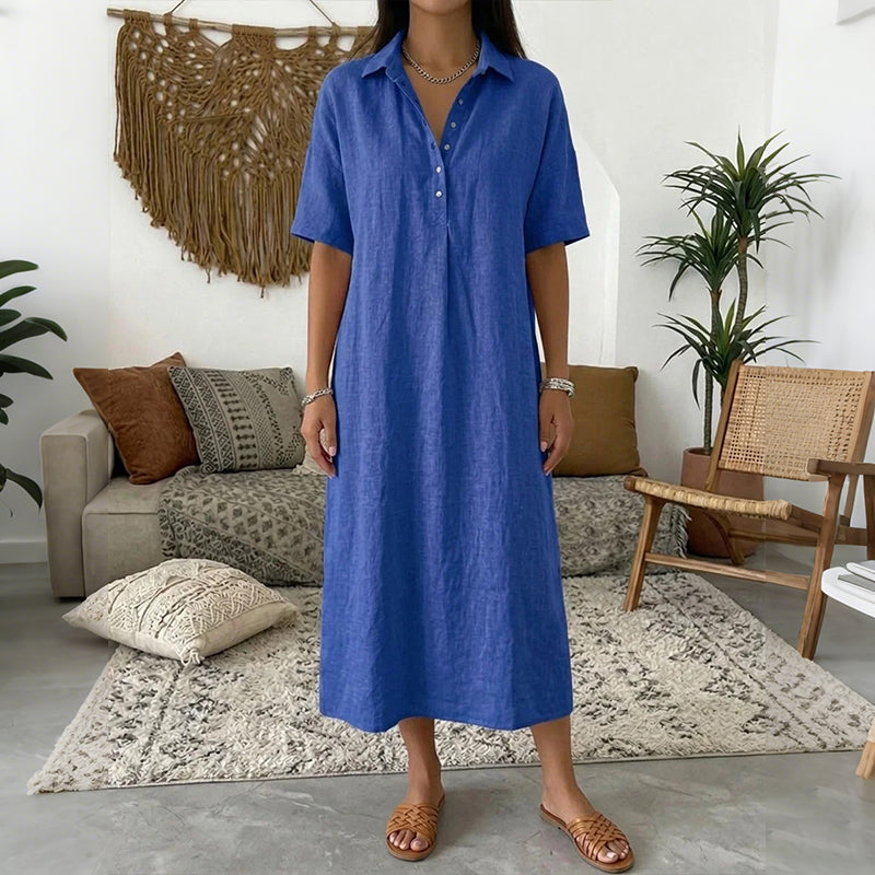 Cardydony Women's Solid Color Lapel Linen Blend Shirt Midi Dress