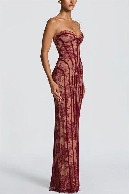 Cardydony Women's Sian Floral Lace Contrast Structural Detail Back Lace-up Strapless Slit Maxi Dress