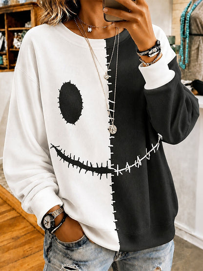 Cardydony Women's Retro Halloween Smiley Face Color Block Casual Comfort Hoodie