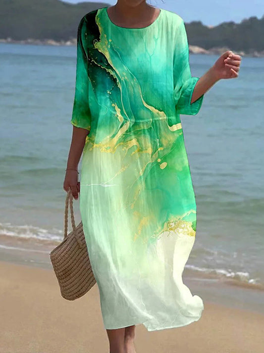 Cardydony Women's Marble Watercolor Art Pattern Linen Blend Loose Three-quarter Sleeve Dress