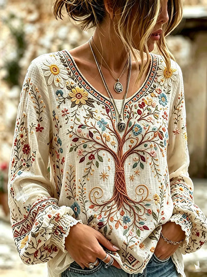 Cardydony Women's Vintage Life Tree Art Print Flowy Linen Blend Linen Blend Long Sleeve Casual Tops