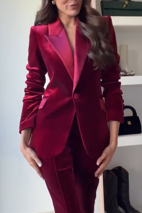 Cardydony Women's Delicate Daze Velvet Satin Lapel Button Up Long Sleeve Tapered Waist Blazer