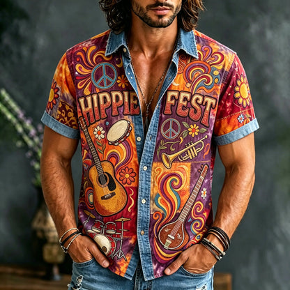 Cardydony Men's Retro Hippie Music Print Cotton Linen Shirt